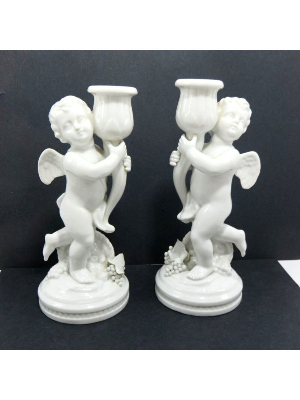 Cherub Angel Candle Holder Set White Porcelain Fruit Base Vintage 8.3"